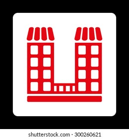 Company icon. This flat rounded square button uses red and white colors and isolated on a black background.