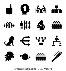 Company icons. set of 16 editable filled company icons such as lion, squirrel, office room, group, family structure, planet, head with keyhole, structure, meeting