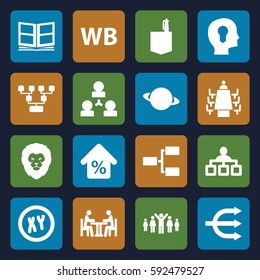 company icons set. Set of 16 company filled icons such as lion, structure, office room, meeting, photo album, WB, mortgage, head with keyhole