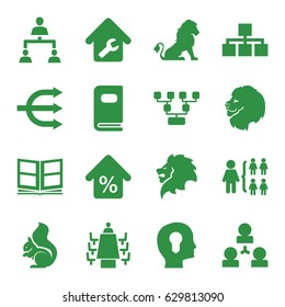 Company icons set. set of 16 company filled icons such as lion, squirrel, structure, meeting, photo album, home repair, mortgage, head with keyhole