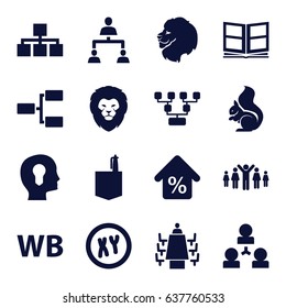 Company icons set. set of 16 company filled icons such as lion, squirrel, office room, structure, meeting, photo album, wb, mortgage, head with keyhole