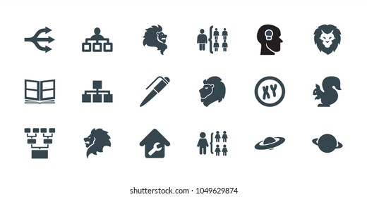 Company icons. set of 18 editable filled company icons: lion, structure, planet, xy, photo album, home repair, squirrel, office room, family structure