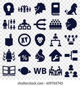 Company icons set. set of 25 company filled icons such as lion, squirrel, structure, office room, group, meeting, photo album, wb, home repair, mortgage, head with keyhole