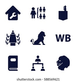 company icons set. Set of 9 company filled icons such as lion, office room, structure, meeting, photo album, WB