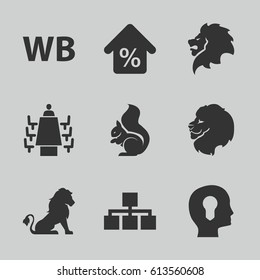 Company icons set. set of 9 company filled icons such as lion, squirrel, meeting, WB, mortgage, head with keyhole