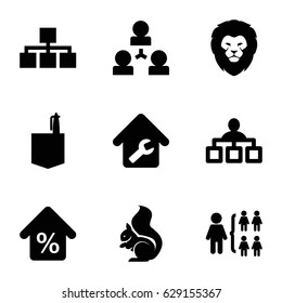 Company icons set. set of 9 company filled icons such as lion, squirrel, structure, office room, home repair