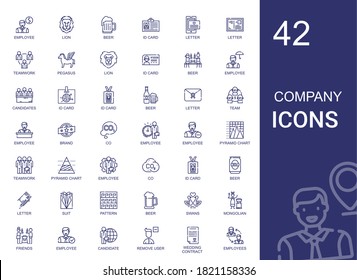 company icons set. Collection of company with employee, lion, beer, id card, letter, teamwork, pegasus, candidates, team, brand, co, pyramid chart. Editable and scalable company icons.