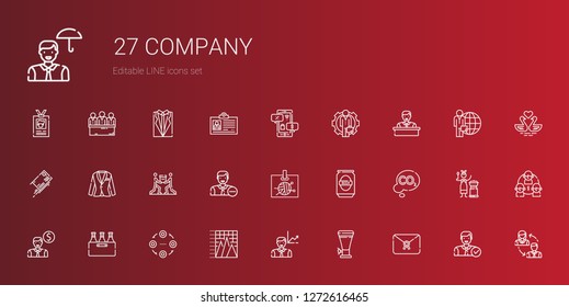company icons set. Collection of company with letter, beer, employee, pyramid chart, structure, co, id card, teamwork, suit, negotiation. Editable and scalable company icons.