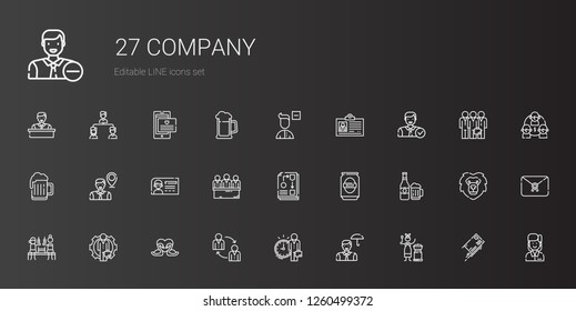 company icons set. Collection of company with mongolian, employee, teamwork, swans, beer, workflow, candidates, id card, remove user, letter. Editable and scalable company icons.