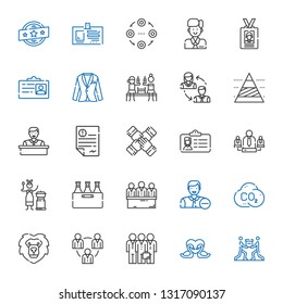 company icons set. Collection of company with teamwork, swans, lion, co, employee, candidates, beer, mongolian, team, id card, letter, pyramid chart. Editable and scalable company icons.