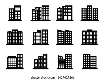 Company icons set on white background, Black building vector collection, Isolated business illustration