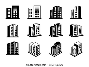 Company icons set on white background, 3D buildings vector collection, Perspective bank and office illustration, Line modern construction and edifice