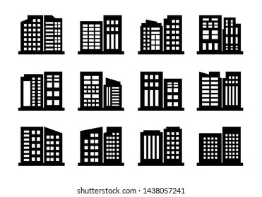 Conjuntos de iconos de la empresa y edificios vectoriales, Colección de oficinas negras sobre fondo blanco, Edificio de líneas e ilustración residencial