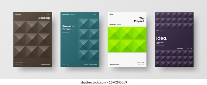 Company identity brochure template collection. Business presentation vector A4 vertical orientation front page mock up set. Corporate report cover abstract geometric illustration design layout bundle.