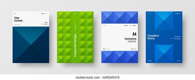 Company identity brochure template collection. Business presentation vector A4 vertical orientation front page mock up set. Corporate report cover abstract geometric illustration design layout bundle.