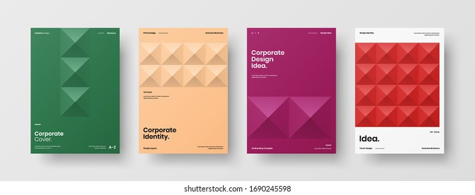 Company identity brochure template collection. Business presentation vector A4 vertical orientation front page mock up set. Corporate report cover abstract geometric illustration design layout bundle.