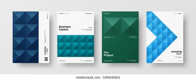 Company identity brochure template collection. Business presentation vector A4 vertical orientation front page mock up set. Corporate report cover abstract geometric illustration design layout bundle.