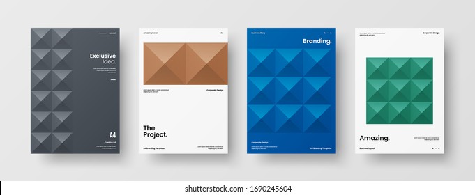 Company identity brochure template collection. Business presentation vector A4 vertical orientation front page mock up set. Corporate report cover abstract geometric illustration design layout bundle.