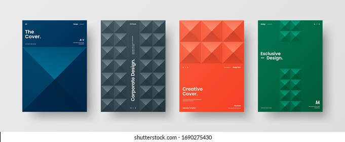 Company identity brochure template collection. Business presentation vector A4 vertical orientation front page mock up set. Corporate report cover abstract geometric illustration design layout bundle.