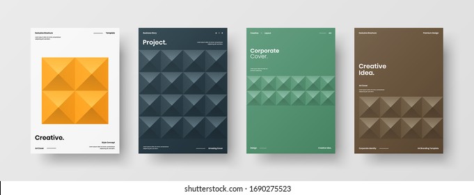 Company identity brochure template collection. Business presentation vector A4 vertical orientation front page mock up set. Corporate report cover abstract geometric illustration design layout bundle.