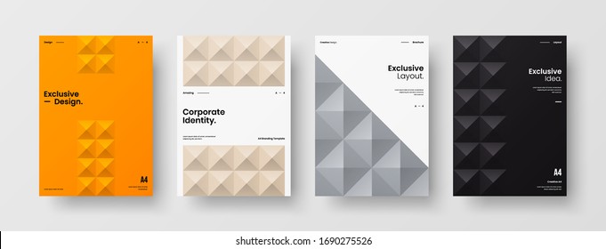 Company identity brochure template collection. Business presentation vector A4 vertical orientation front page mock up set. Corporate report cover abstract geometric illustration design layout bundle.