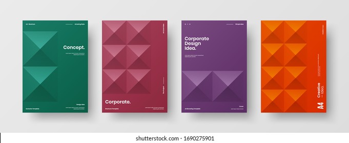 Company identity brochure template collection. Business presentation vector A4 vertical orientation front page mock up set. Corporate report cover abstract geometric illustration design layout bundle.