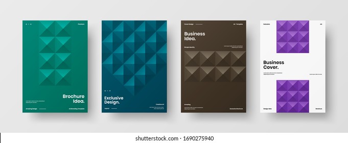 Company identity brochure template collection. Business presentation vector A4 vertical orientation front page mock up set. Corporate report cover abstract geometric illustration design layout bundle.