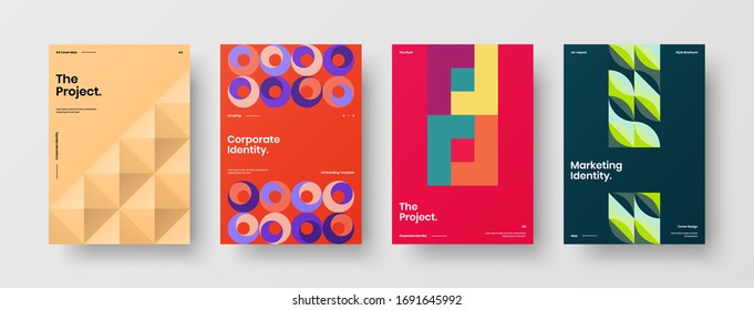 Company identity brochure template collection. Business presentation vector A4 vertical orientation front page mock up set. Corporate report cover abstract geometric illustration design layout bundle.