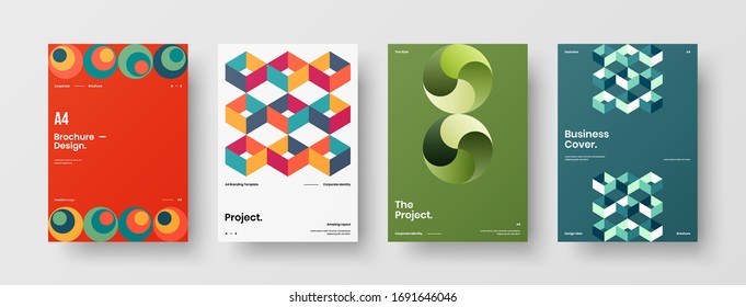 Company identity brochure template collection. Business presentation vector A4 vertical orientation front page mock up set. Corporate report cover abstract geometric illustration design layout bundle.