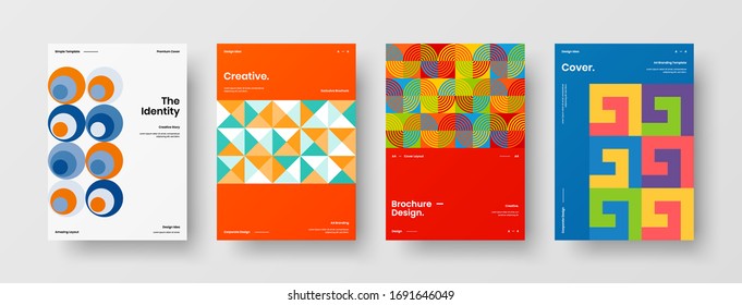 Company identity brochure template collection. Business presentation vector A4 vertical orientation front page mock up set. Corporate report cover abstract geometric illustration design layout bundle.