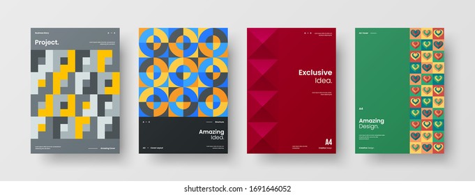 Company identity brochure template collection. Business presentation vector A4 vertical orientation front page mock up set. Corporate report cover abstract geometric illustration design layout bundle.