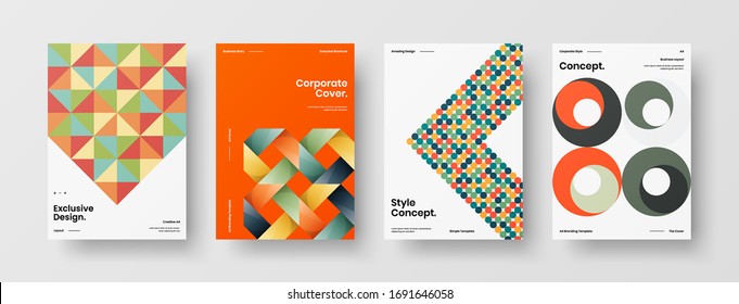 Company identity brochure template collection. Business presentation vector A4 vertical orientation front page mock up set. Corporate report cover abstract geometric illustration design layout bundle.