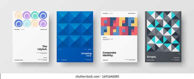 Company identity brochure template collection. Business presentation vector A4 vertical orientation front page mock up set. Corporate report cover abstract geometric illustration design layout bundle.