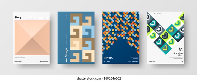 Company identity brochure template collection. Business presentation vector A4 vertical orientation front page mock up set. Corporate report cover abstract geometric illustration design layout bundle.