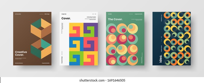 Company identity brochure template collection. Business presentation vector A4 vertical orientation front page mock up set. Corporate report cover abstract geometric illustration design layout bundle.