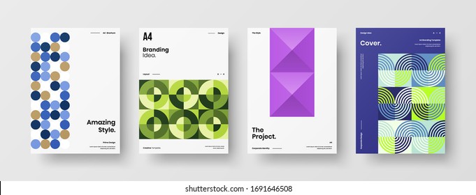 Company identity brochure template collection. Business presentation vector A4 vertical orientation front page mock up set. Corporate report cover abstract geometric illustration design layout bundle.