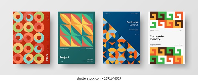 Company identity brochure template collection. Business presentation vector A4 vertical orientation front page mock up set. Corporate report cover abstract geometric illustration design layout bundle.