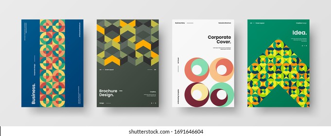 Company identity brochure template collection. Business presentation vector A4 vertical orientation front page mock up set. Corporate report cover abstract geometric illustration design layout bundle.