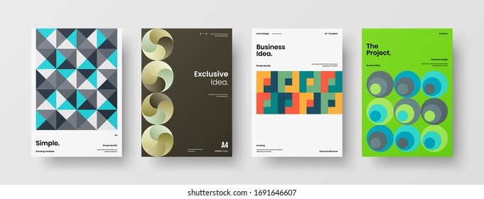 Company identity brochure template collection. Business presentation vector A4 vertical orientation front page mock up set. Corporate report cover abstract geometric illustration design layout bundle.