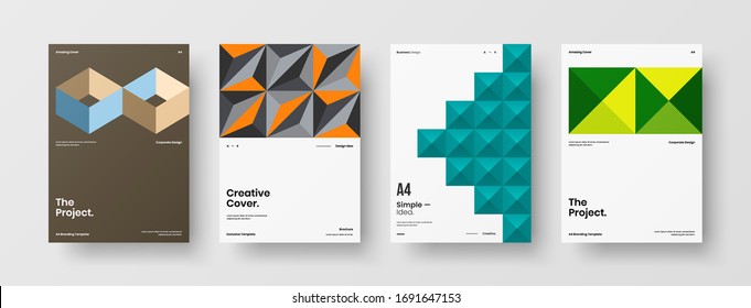 Company identity brochure template collection. Business presentation vector A4 vertical orientation front page mock up set. Corporate report cover abstract geometric illustration design layout bundle.