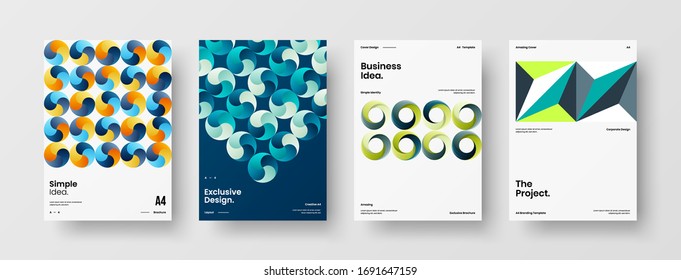 Company identity brochure template collection. Business presentation vector A4 vertical orientation front page mock up set. Corporate report cover abstract geometric illustration design layout bundle.