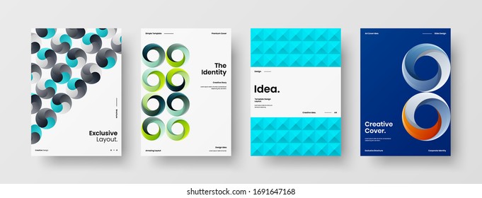 Company identity brochure template collection. Business presentation vector A4 vertical orientation front page mock up set. Corporate report cover abstract geometric illustration design layout bundle.