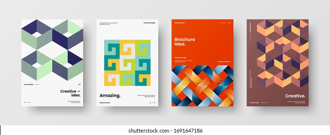 Company identity brochure template collection. Business presentation vector A4 vertical orientation front page mock up set. Corporate report cover abstract geometric illustration design layout bundle.