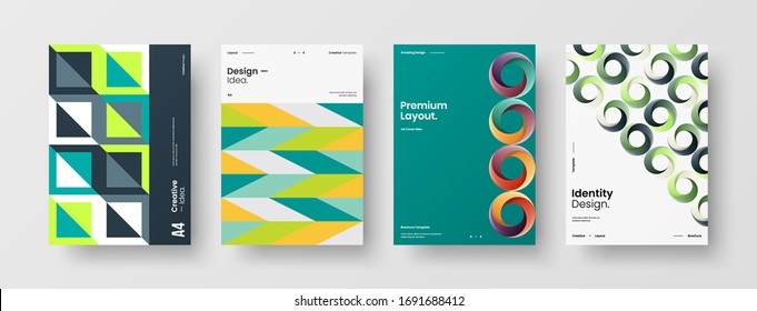 Company identity brochure template collection. Business presentation vector A4 vertical orientation front page mock up set. Corporate report cover abstract geometric illustration design layout bundle.