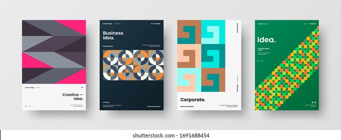 Company identity brochure template collection. Business presentation vector A4 vertical orientation front page mock up set. Corporate report cover abstract geometric illustration design layout bundle.