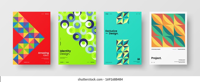 Company identity brochure template collection. Business presentation vector A4 vertical orientation front page mock up set. Corporate report cover abstract geometric illustration design layout bundle.