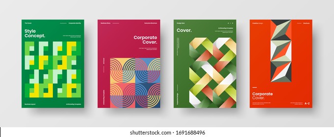 Company identity brochure template collection. Business presentation vector A4 vertical orientation front page mock up set. Corporate report cover abstract geometric illustration design layout bundle.
