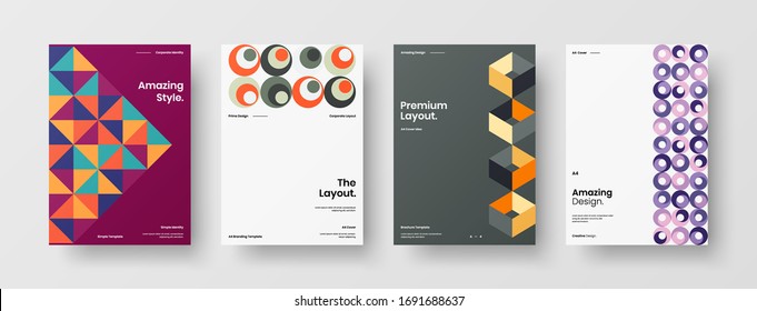 Company identity brochure template collection. Business presentation vector A4 vertical orientation front page mock up set. Corporate report cover abstract geometric illustration design layout bundle.