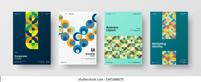 Company identity brochure template collection. Business presentation vector A4 vertical orientation front page mock up set. Corporate report cover abstract geometric illustration design layout bundle.