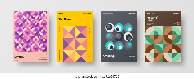 Company identity brochure template collection. Business presentation vector A4 vertical orientation front page mock up set. Corporate report cover abstract geometric illustration design layout bundle.